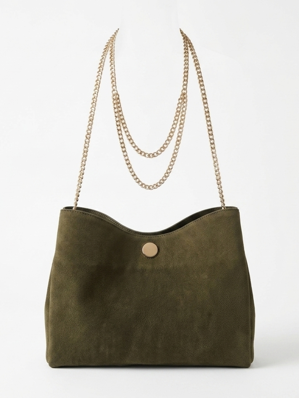 Zara Olive Suede Shoulder Bag with Gold Chain Strap 100% Cow Leather